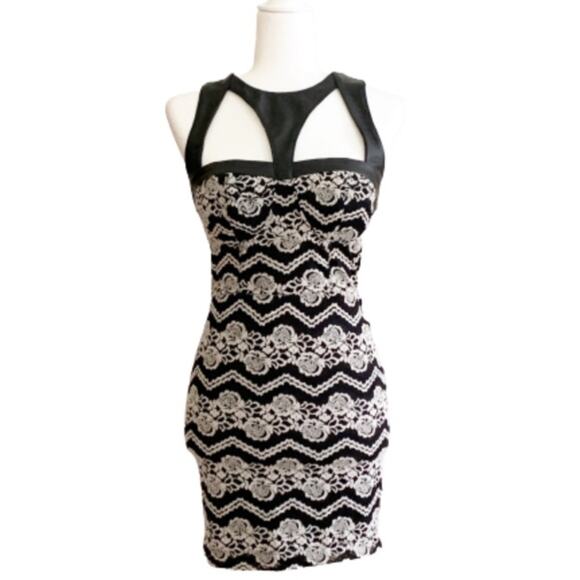 Material Girl Dress Brooklyn Caviar Black Faux Leather Lace Cut Out Mini Small - Picture 12 of 13